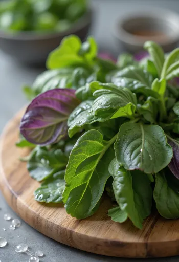 Tarhamaltsan lehtiä ja varsia, raikkaan vihreitä, rustiikkisella puutaustalla