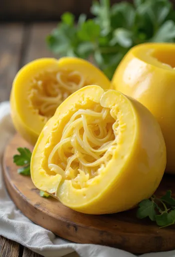 Halkaistu spagettikurpitsa, sisus ja spagettimaiset säikeet näkyvissä