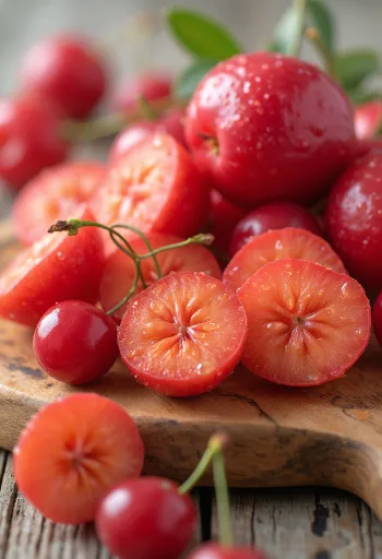 Tuoreita acerola-kirsikoita halkaistuna ja kokonaisina neutraalilla alustalla