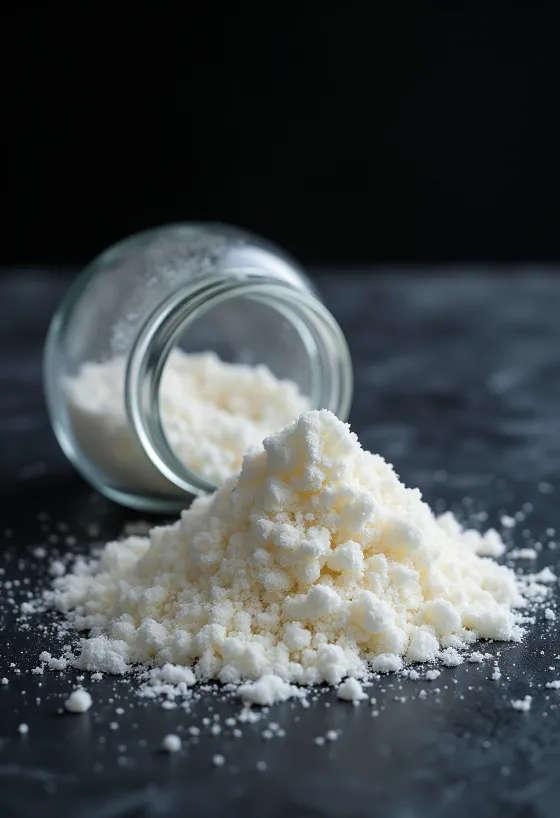 Agar-agar -jauhetta lasipurkissa ja puulusikassa, neutraali tausta