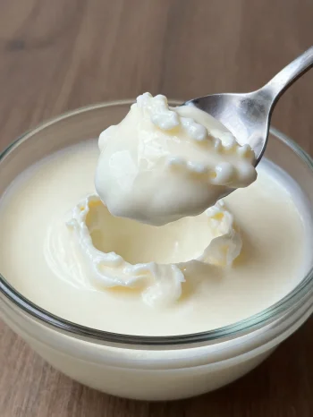 Hapanmaitoa maalaishenkisessä keraamisessa kulhossa, lusikalla ja hieman heraisella pinnalla