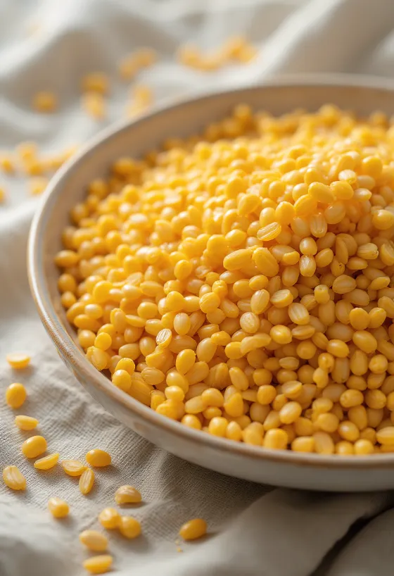 Kokonaisia kultapellavansiemeniä ripoteltuna puupinnalle