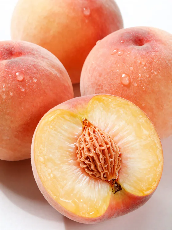 Kokonaisia ja viipaloituja persikoita puupöydällä, persikkamehulasin vieressä