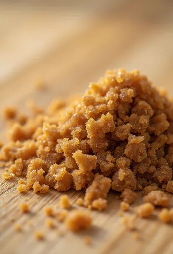 Ruskeaa sokeria kulhossa puulusikan kera, melassisia kiteitä