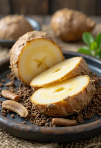 Tuoretta takiaisenjuurta viipaloituna ja kokonaisena, ruskea kuori ja vaalea sisus