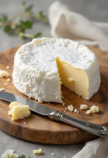 Viipaloitua brie-juustoa puisella leikkuulaudalla, kermainen sisus