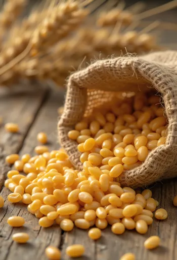 Puhdistettuja vehnänjyviä säkissä ja ripoteltuna puupinnalla