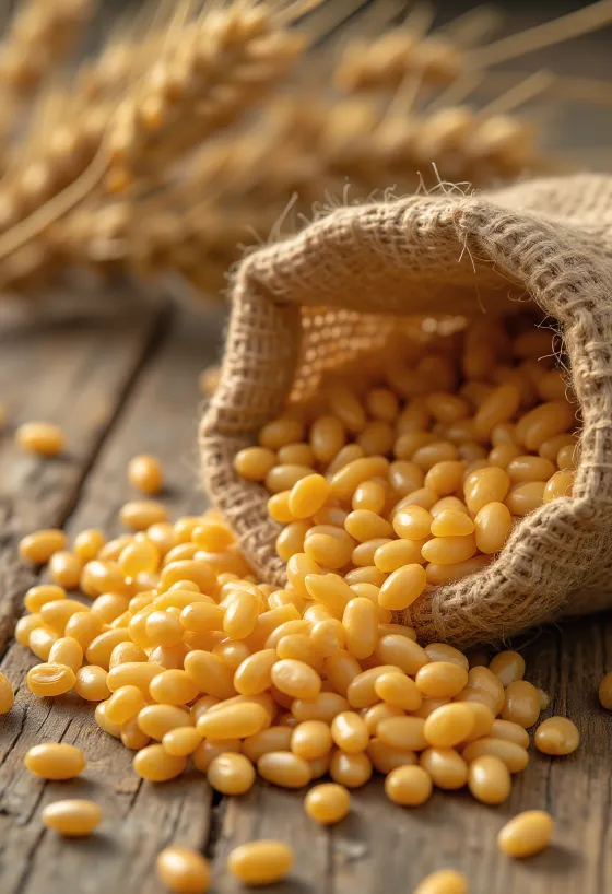 Puhdistettuja vehnänjyviä säkissä ja ripoteltuna puupinnalla