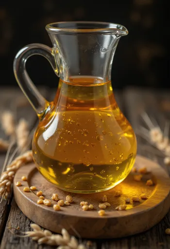 Vehnänalkioöljyä pienessä lasikulhossa, vieressä vehnänjyviä ja -alkioita