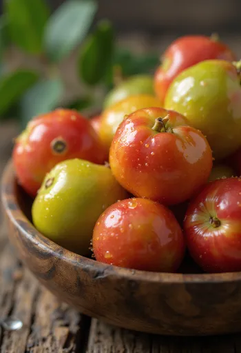 Tuoreita camu camu -marjoja halkaistuna ja kokonaisena neutraalilla alustalla