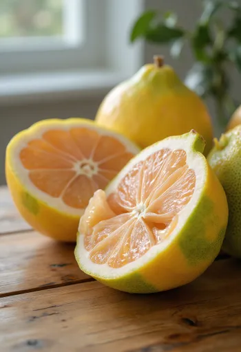 Kokonaisia ja leikattuja pomelo-hedelmiä rustiikkisella puupinnalla