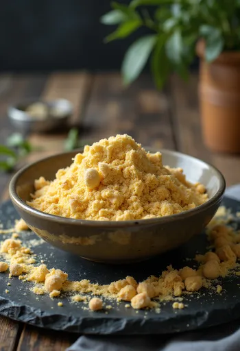 Kikhernejauhoa keraamisessa kulhossa puukauhalla, puupinnalla hajallaan