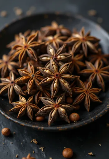 Kokonaisia kuivattuja tähtianiksia puupinnalla