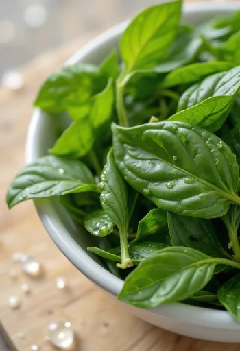 Tuoreita currylehtiä puisella keittiötasolla, osa silputtuna kulhossa