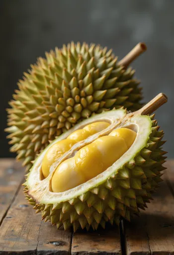 Kokonainen ja halkaistu durian-hedelmä piikikkäällä kuorella ja kermaisella sisuksella