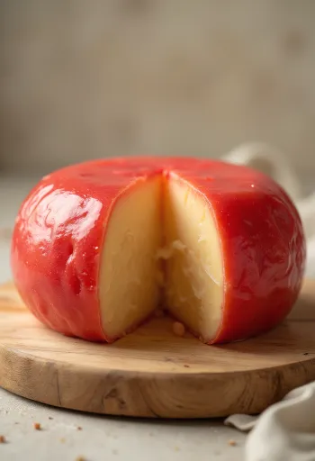 Viipaloitua edam-juustoa punaisella vahakuorella puisella juustolaudalla