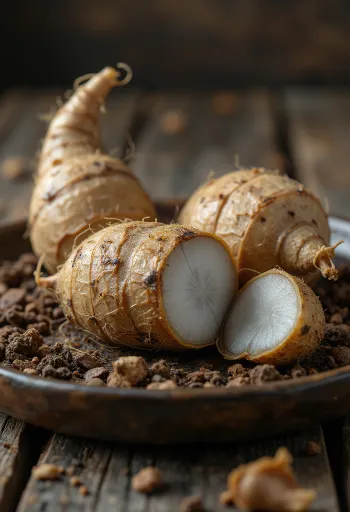 Kuorimattomia eddoe-juuria, yksityiskohtainen kuva