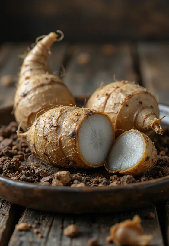 Kuorimattomia eddoe-juuria, yksityiskohtainen kuva