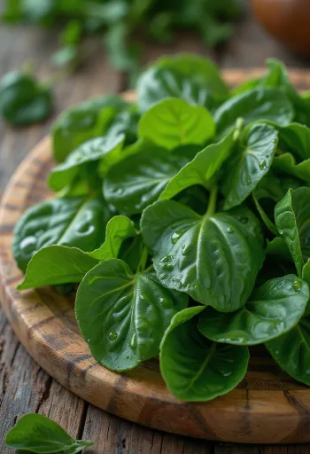 Tuoreita bataatinlehtiä raakana, poimittuna, kulhossa tai kasassa