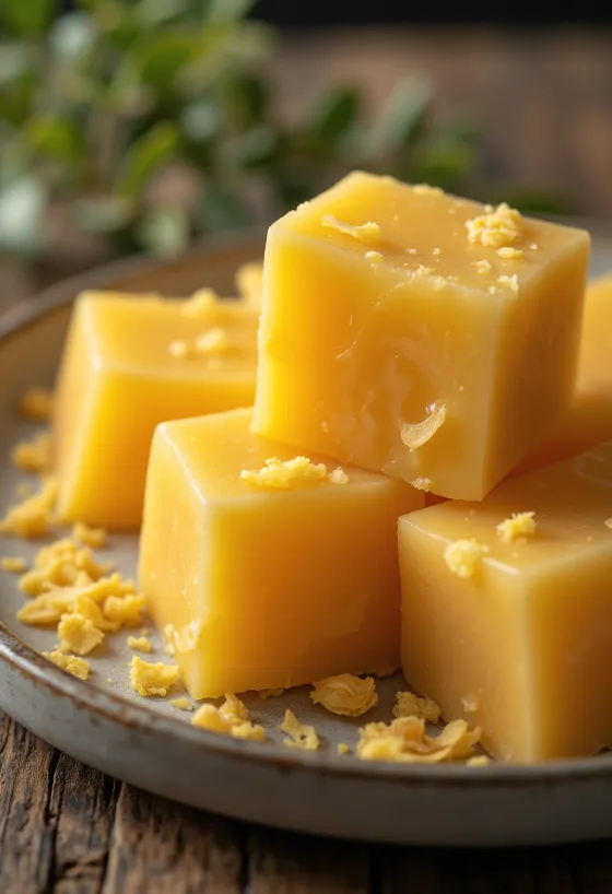 Elintarvikekäyttöistä mehiläisvahaa palana ja raasteena puupinnalla