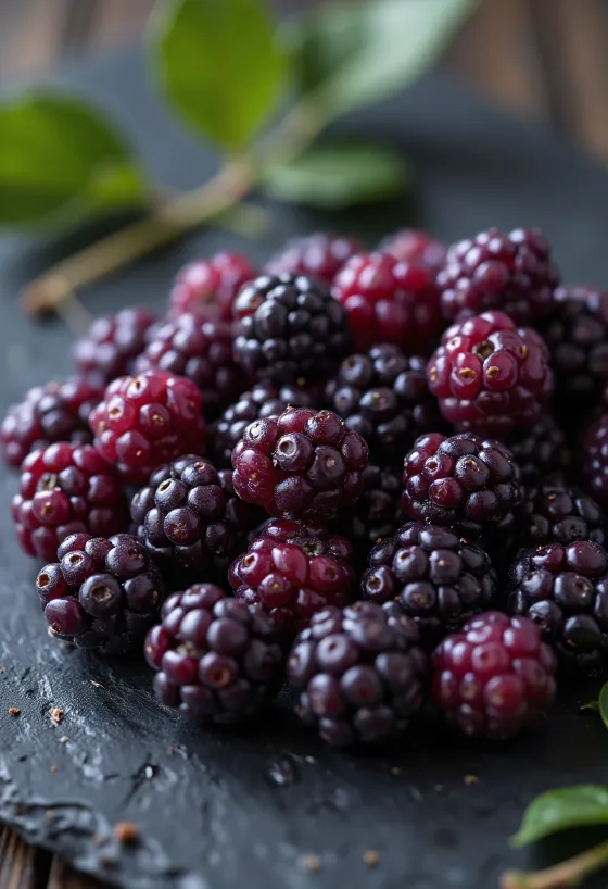 Tuoreita mulperinmarjoja eri väreissä, halkaistuna ja kokonaisena