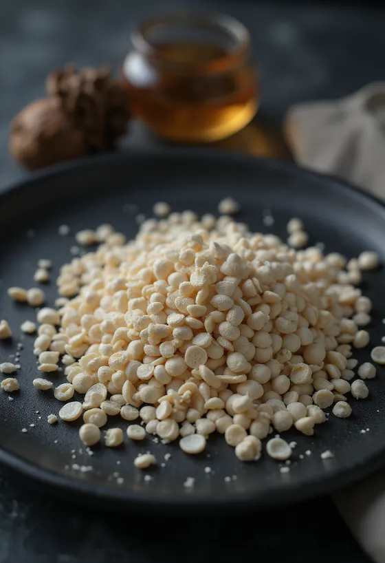 Valkoisia unikonsiemeniä lähikuvassa, kasattuna vaalealle alustalle