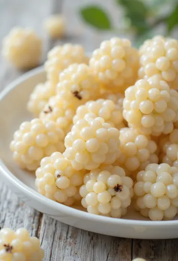 Tuoreita valkoisia mulperimarjoja (Morus alba) halkaistuina ja kokonaisina puhtaalla alustalla