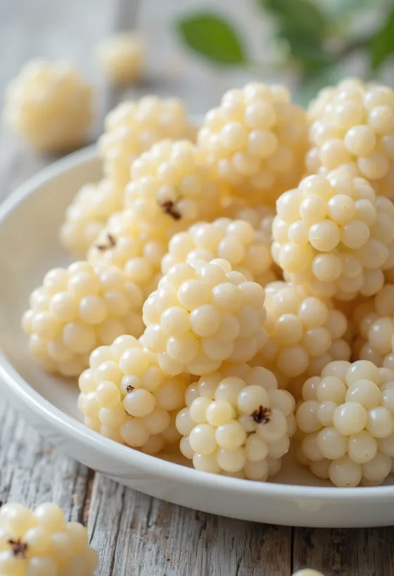 Tuoreita valkoisia mulperimarjoja (Morus alba) halkaistuina ja kokonaisina puhtaalla alustalla