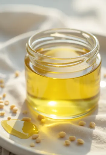 Vaaleaa seesamiöljyä pullossa ja kulhossa, vieressä seesaminsiemeniä