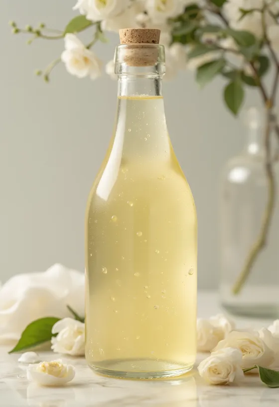 Valkoviinietikkaa lasikulhossa, vieressä vaaleita rypäleitä ja etikkapullo