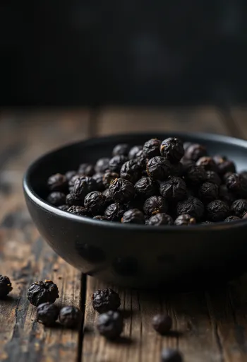 Kokonaisia mustapippureita puukulhossa ja pöydällä