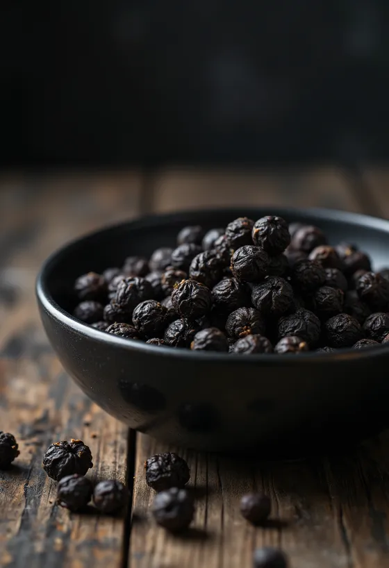 Kokonaisia mustapippureita puukulhossa ja pöydällä