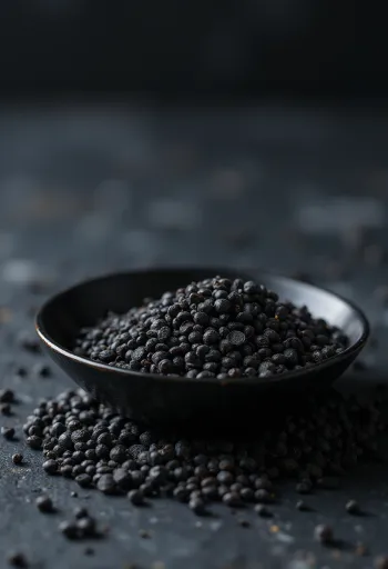 mustia sinapinsiemeniä kokonaisina puupinnalla kulhossa