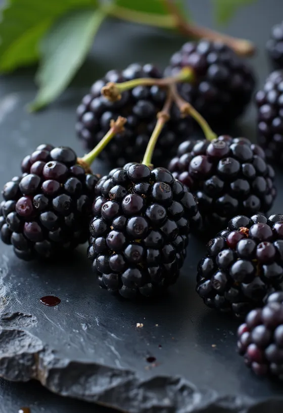 Tuoreita mustamulperimarjoja (Morus nigra) halkaistuina ja kokonaisina