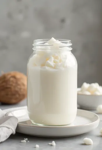 Puhdistettua kookosöljyä pienessä kulhossa, vieressä valkoista kookosraastetta