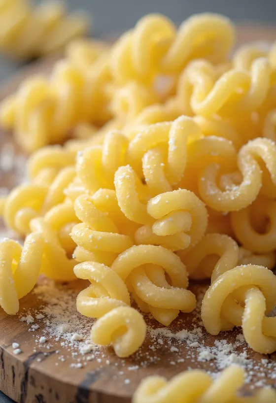Kierteistä fusilli-kuivapastaa puisella alustalla