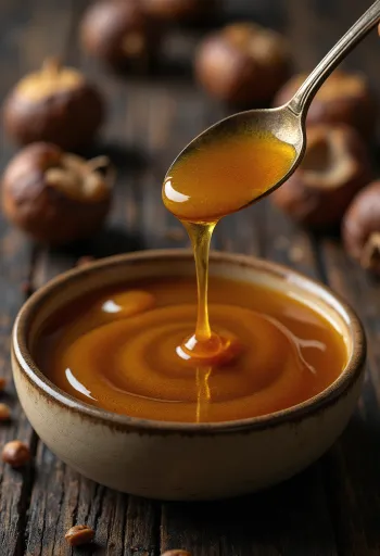 Tummaa kastanjahunajaa lasissa, hunajalusikka ja kukkia