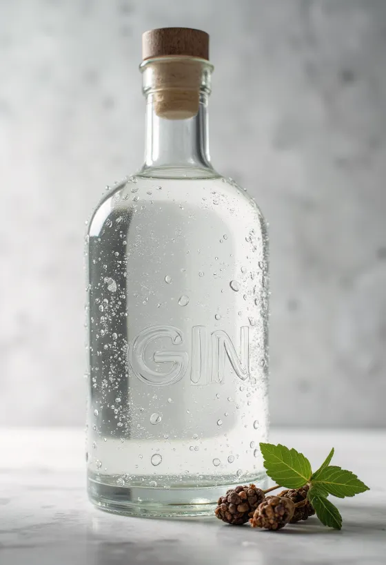 Ginipullo ja lasi jäillä, ympärillä katajanmarjoja ja mausteita