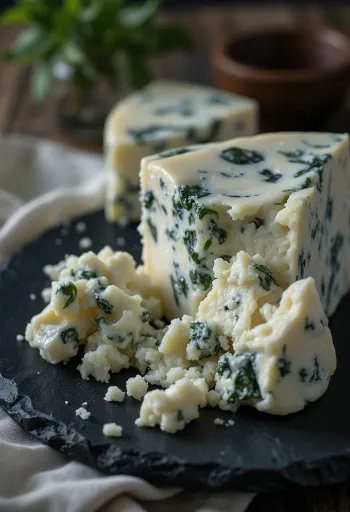 Pala Gorgonzola-sinihomejuustoa valkoisessa kulhossa puupöydällä