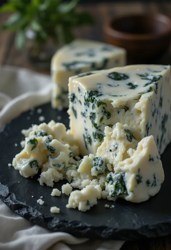 Pala Gorgonzola-sinihomejuustoa valkoisessa kulhossa puupöydällä