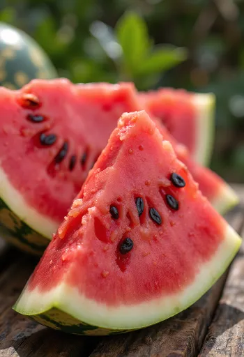 Tuore, viipaloitu vesimeloni punaisella sisuksella ja mustilla siemenillä puupöydällä