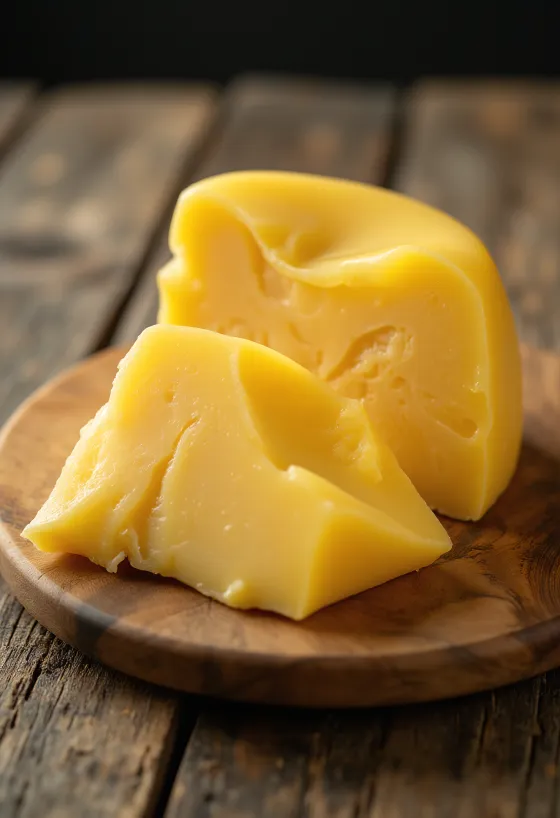 Pala Gouda-juustoa valkoisessa keraamisessa kulhossa