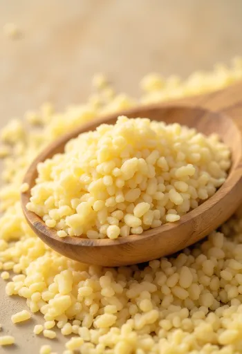 Raakaa mannasuurimoa rustiikkisessa kulhossa puupinnalla