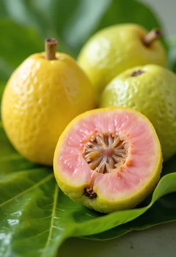 Tuoreita guavahedelmiä halkaistuna, vaaleanpunainen sisus ja vihreä kuori puupinnalla