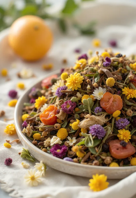 Kuivattuja yrttejä ja kukkia teetä varten kulhossa ja lusikassa