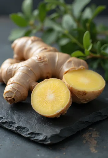 Tuoretta inkivääriä ja viipaloitua inkivääriä leikkuulaudalla