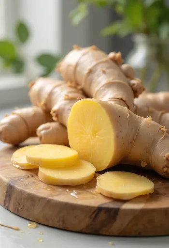 Tuoreita inkiväärin juuria ja raastetta puualustalla