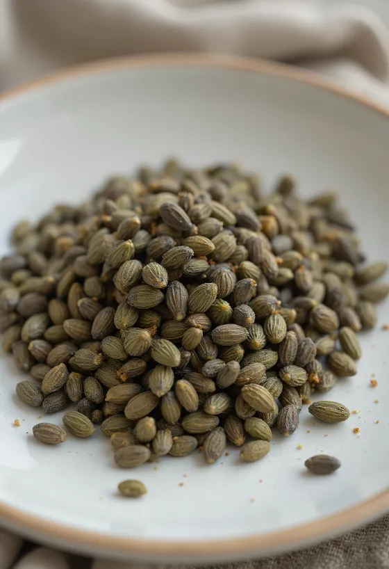 Kuorimattomia hamppunsiemeniä lähikuvassa, hajallaan vaalealla alustalla