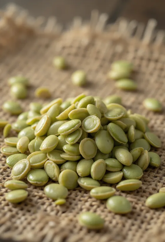 Kuorittuja hamppunsiemeniä lähikuvassa, ripoteltuna vaalealle alustalle