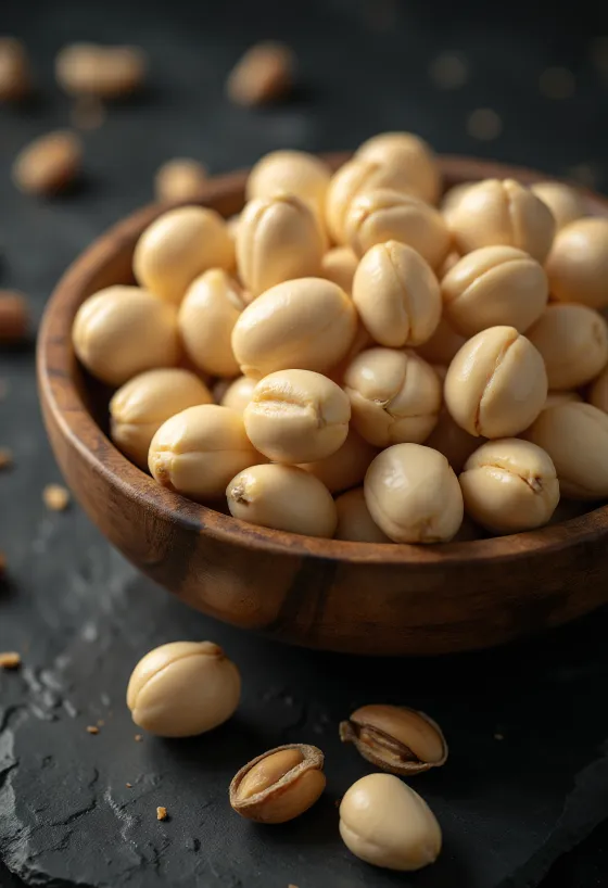 Kuorittuja macadamiapähkinöitä luonnollisessa kasassa, valkoinen tausta